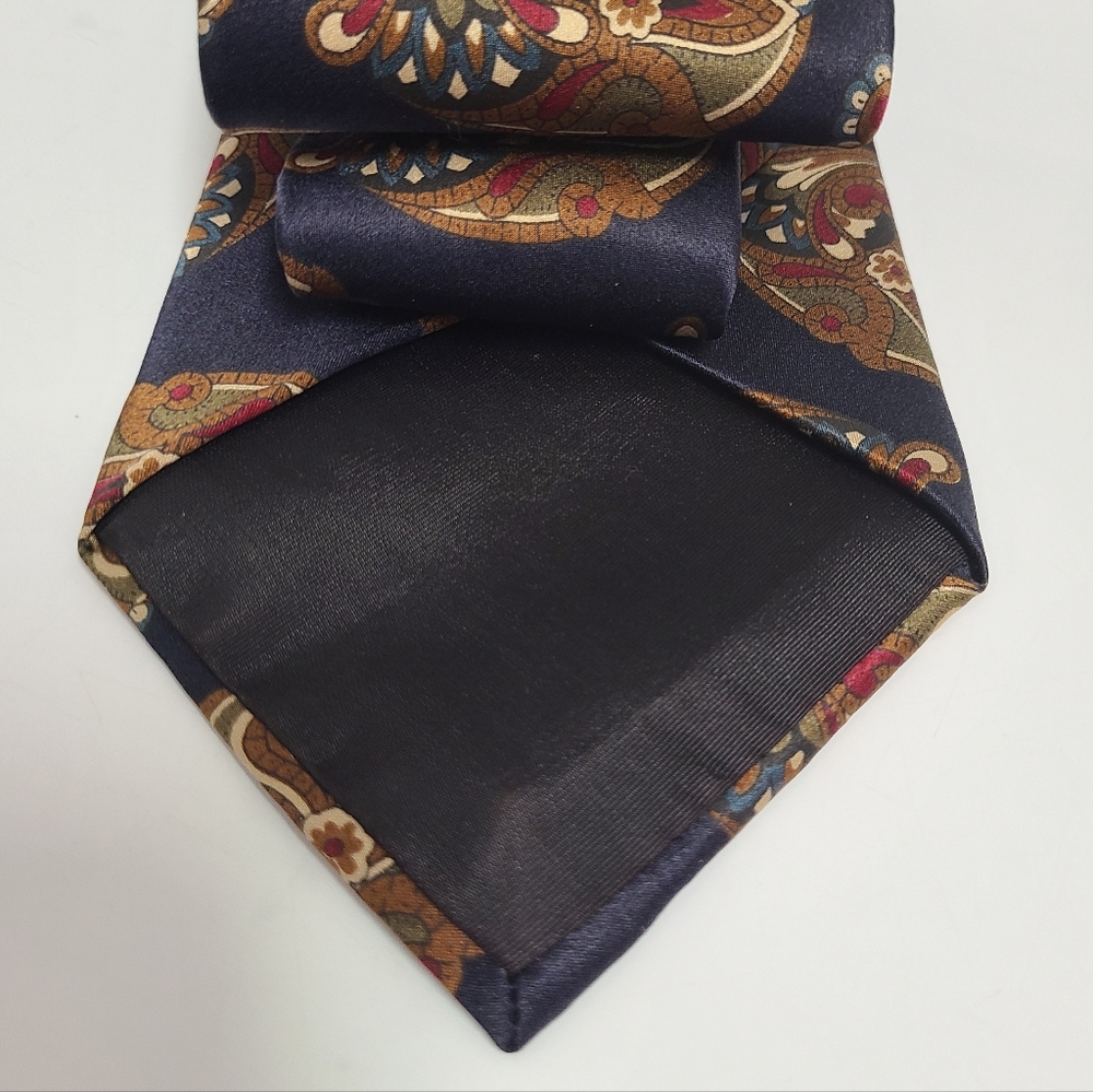 Oscar de la Renta Couture Vintage Silk Tie Navy Red & Brown Paisley Print 80's - Picture 5 of 9